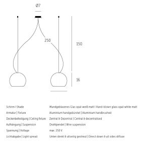 BALL Opalglas Doppelpendel Abmessungen der BALL Pendelleuchte.