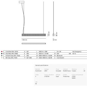 DUNE X Lineare Hngeleuchte mit gewellter Front Farbgebung, Lumen und Abmessung der Hngeleuchte mit 161 cm.