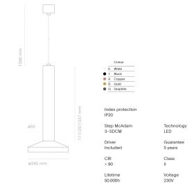 BCN 55 LED Pendelleuchte Dim-to-warm Abmessungen der Pendeleuchte.