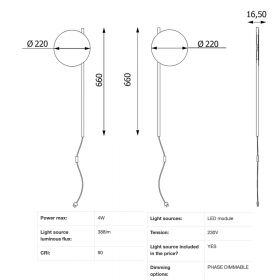 POLL Moderne Wandlampe mit Kabel Puristische, matt schwarze Wandlampe, Abmessung.