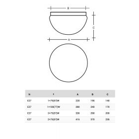 ADEL Halbrunde Wandlampe aus Opalglas Abmessung der Deckenlampe.