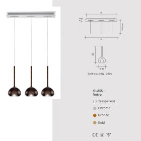 BEBA 3-flammige Glas-Pendellampe 3-flammige Pendellampe, 70 cm langer Baldachin.